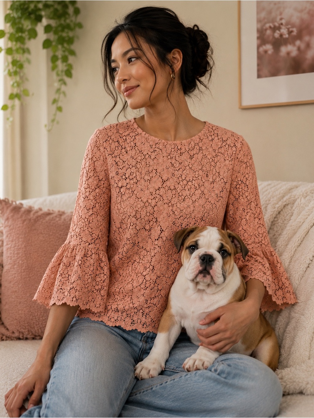 Zara Mauve Lace Bell-Sleeve Blouse